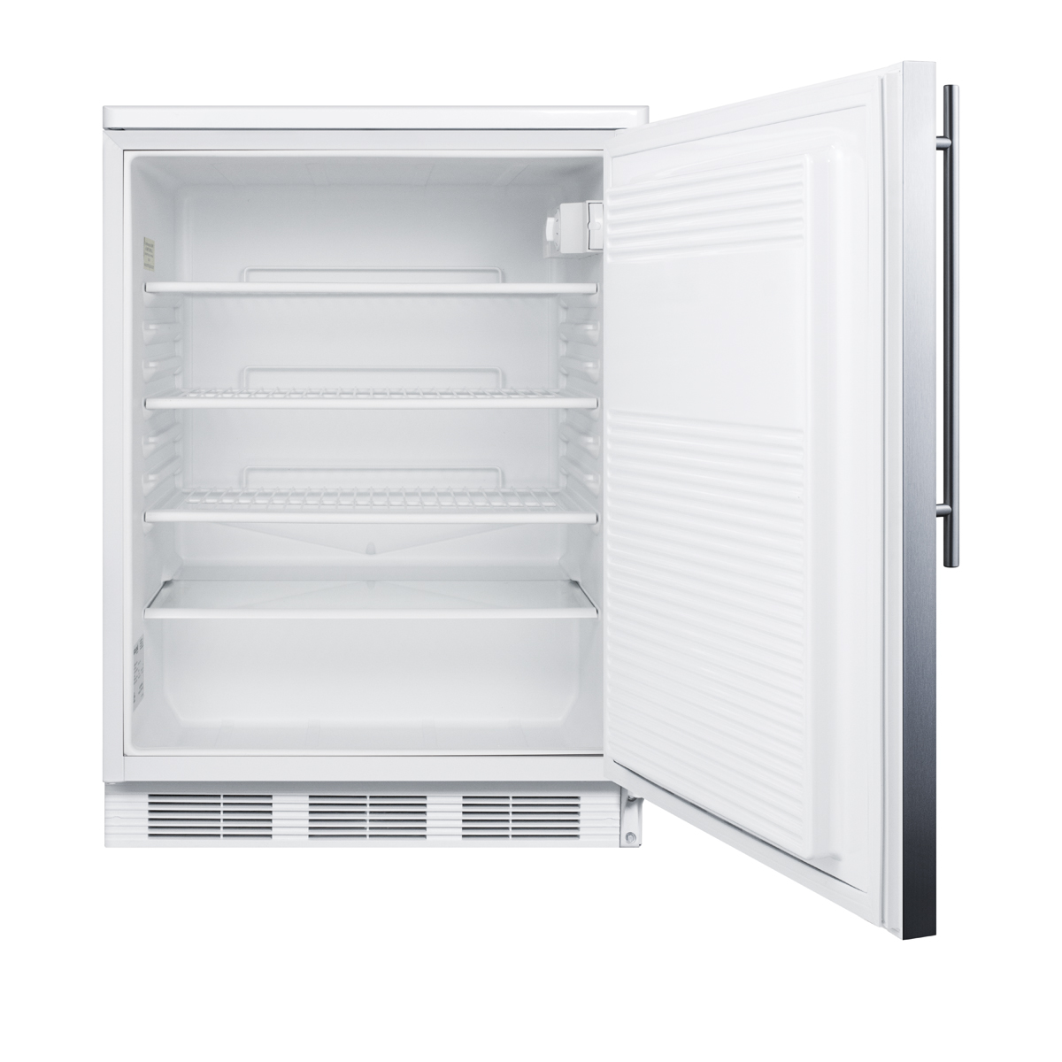 Commercially listed freestanding all-refrigerator for general purpose use, auto defrost w/lock, SS wrapped door, thin handle, and white cabinet